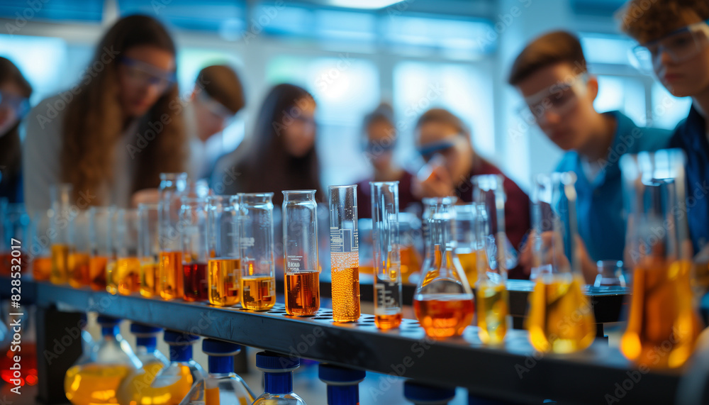 Poster a close-up image of students participating in a science club, conducting an experiment with beakers 