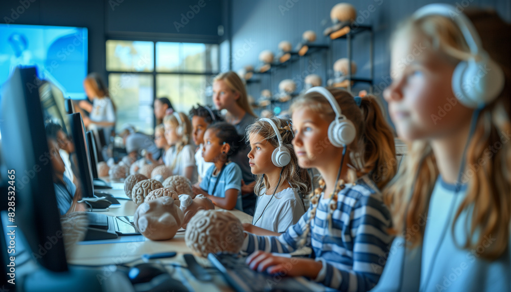 Poster a detailed image of students participating in a sensory learning activity, with a teacher providing 