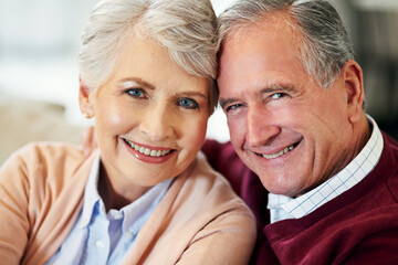 Happy, senior couple and hug in portrait for affection, support and commitment to marriage and...