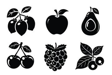 A minimalistic black and white illustration featuring various fruit silhouettes including lemons, apple, pear, cherries, and berries.