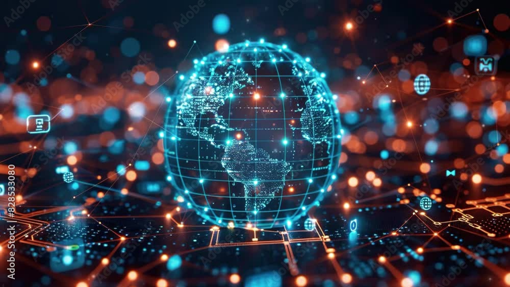 Poster global connection concept. representation of the globe surrounded by technology icons and connecting