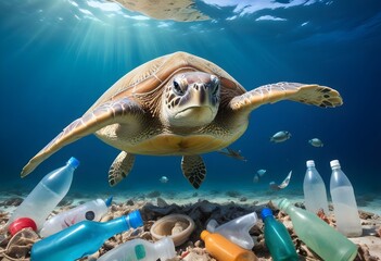 Fototapeta premium A Close-up large turtle deep underwater with plastic bag. Ocean life, wildlife. Concept of ecology problems and plastic debris in ocean. Slow reproduction rates. Suitable for World Environment day.