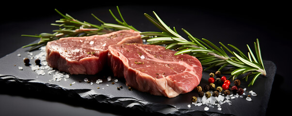 Two raw steak New York with rosemary and spices Flat lay top view on black stone cutting table, Culinary Elegance: Flat Lay of Raw New York Steaks with Herbs and Spices