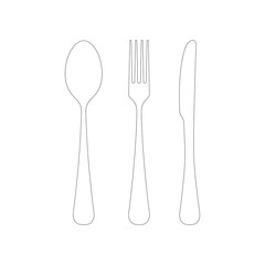 Cutlery icons spoon, fork, and knife with line art illustration on a transparent background.