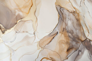 Alcohol ink with thin gold lines on a white background. Fluid texture with abstract shapes and forms in neutral tones of beige, grey, and brown, organic fluid lines in the style of nature.