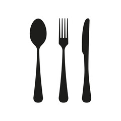 Cutlery icons of spoon, fork, and knife illustrations on a transparent background.