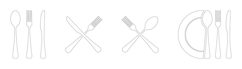 Spoon, fork, knife and plate restaurant icon line illustration. Cutlery icon set transparent background.