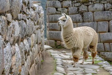 Naklejka premium alpaca walking in machu picchu peru ancient inca ruins and andean landscape