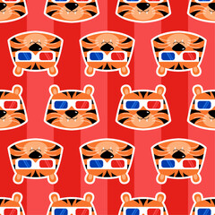 Seamless pattern with a cute tigers with 3D glasses. Vector illustration in flat style. Stylized cartoon drawing of a cute tiger face.	