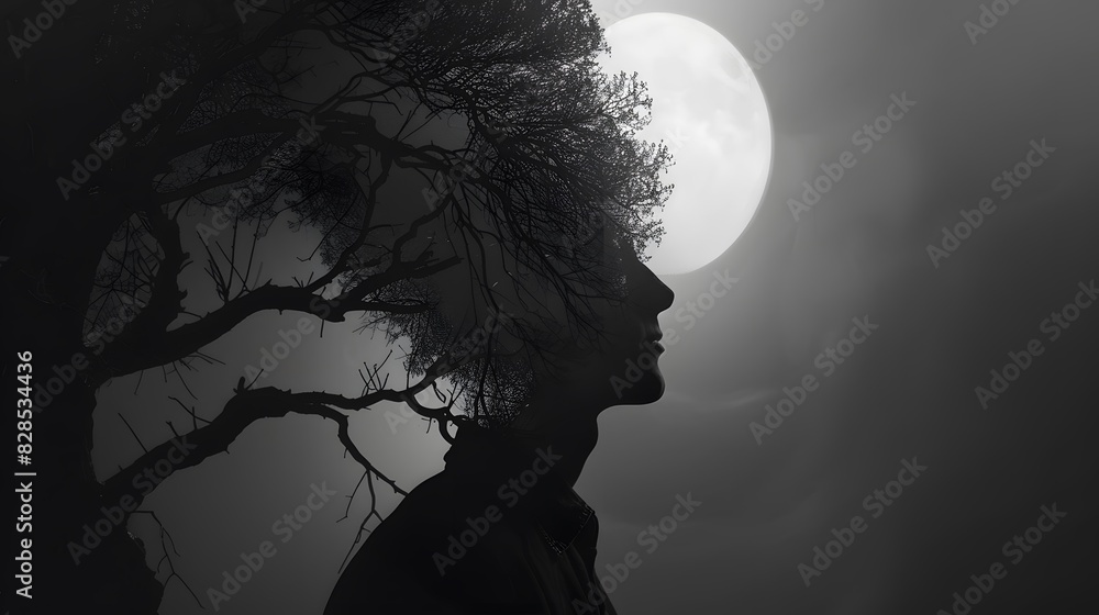 Poster a silhouette of a person with a tree in front of them. the silhouette is in black and white and the 
