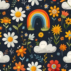 pattern with colorful flowers and rainbow