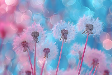 A tight shot of dandelions against a blue and pink backdrop, with a softly blurred background