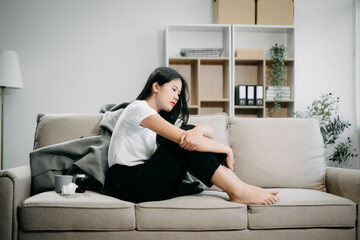 Obraz premium woman sit Depression Dark haired pensive glance Standing by window and anxiety Copy space. .
