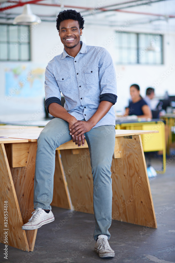 Poster confident, creative and portrait of black man in office with smile, workshop and project manager at 