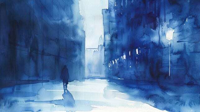 A water color paiting of man walks down a street at night with a blue sky in the background. The street is lit by four street lamps
