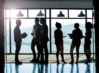 Employee, people and conversation in office on silhouette for strategy, planning and company...