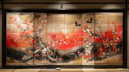 Japanese painting of cherry blossoms and birds on a gold background