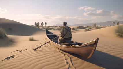 Man Sitting in a Canoe on a Desert Sand Dune - Powered by Adobe