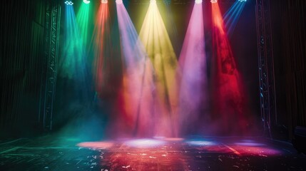 Fototapeta premium Stage illuminated by colored spotlights and haze