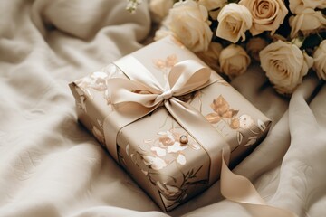 Elegant Gift Wrapped In Floral Paper With Satin Ribbon Amongst Cream Roses. Generative AI