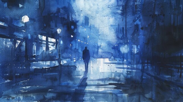 A water color paiting of man walks down a street at night with a blue sky in the background. The street is lit by four street lamps