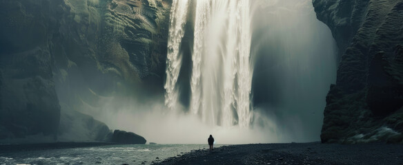 the waterfall in Iceland, the tall waterfall has to be seen from very far away. A man stands at its base looking up into the endless expanse of black sky above him - Powered by Adobe