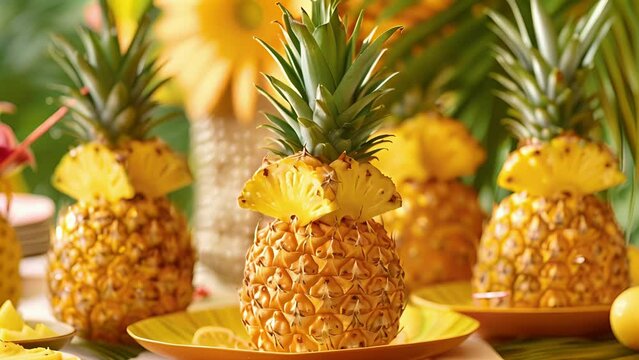 At a tropicalthemed party guests are invited to create their own pineapple carvings as a fun and interactive activity.