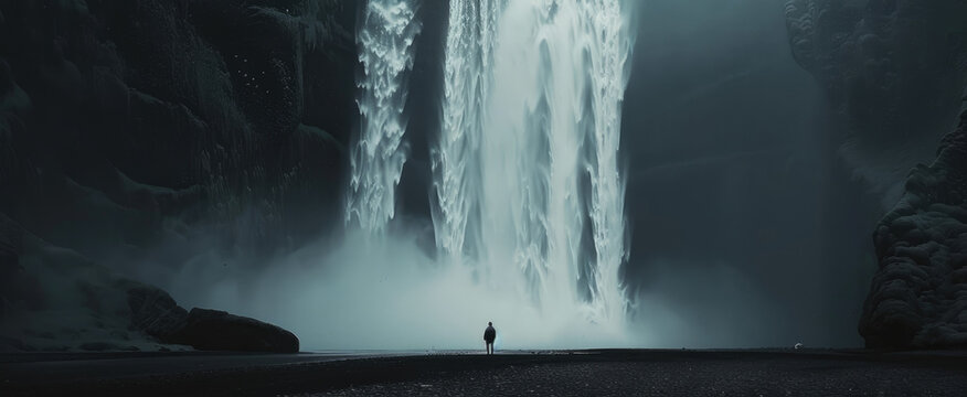 the waterfall in Iceland, the tall waterfall has to be seen from very far away. A man stands at its base looking up into the endless expanse of black sky above him