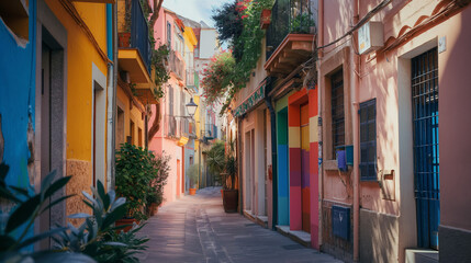 Obraz premium Small charming Mediterranean street painted in the color of the LGBTQ+ flag