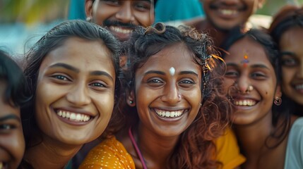 Fototapeta premium group of happy brown sri lankan people smiling, young adults, in the style of humans of new york, annie lebovitz, ultra realistic, cinematic lighting and colour grading, low DOF 