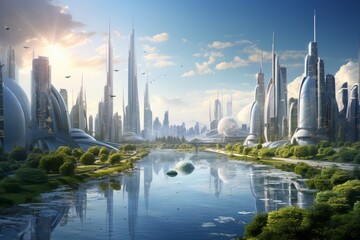 Futuristic cityscape with towering skyscrapers and advanced architecture set against a serene river and lush green surroundings at sunset.