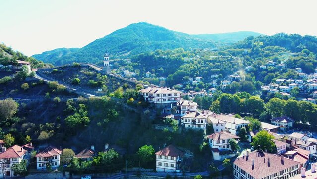 Aerial footage of the Victory Tower (Zafer Kulesi) and the nearby buildings in Goynuk, Bolu, Turkey