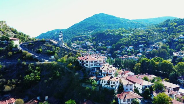 Of the Victory Tower (Zafer Kulesi) and the nearby buildings on a sunny day in Goynuk, Turkey