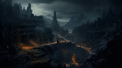 A dramatic, dark fantasy landscape with ominous skies, rugged mountains, and glowing lava streams weaving through ancient ruins.