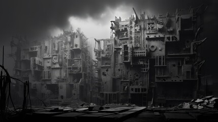A hauntingly detailed black and white image of a post-apocalyptic cityscape with dilapidated buildings under a dark sky.