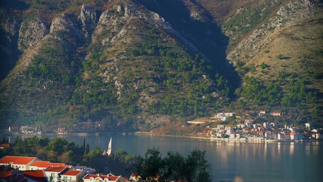 Hyperlapse footage of Prcanj town as seen from Dobrota town on the Bay of Kotor, Montenegro