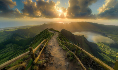 a simplified walkway leading to the summit, overlooking vast greenery and tranquil lakes in the Azores islands, under a sky painted with hues of sunset - Powered by Adobe