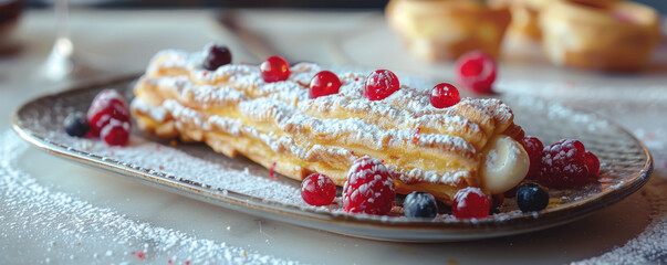 Fototapeta premium Pastry with cream filling topped with powdered sugar and fresh berries on plate. Dessert on marble table