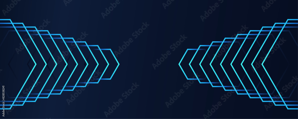 Aufkleber Glowing blue arrow. Abstract futuristic dark background with glowing blue green geometric lines design. Modern shiny blue geometric pattern with hexagonal line pattern. Horizontal banner template