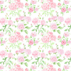 pink roses, seamless pattern on white background, pastel colors, delicate watercolor, cottagecore, vintage cutandpaste, detailed foliage, cottage core aesthetic, muted color palette, light pink and