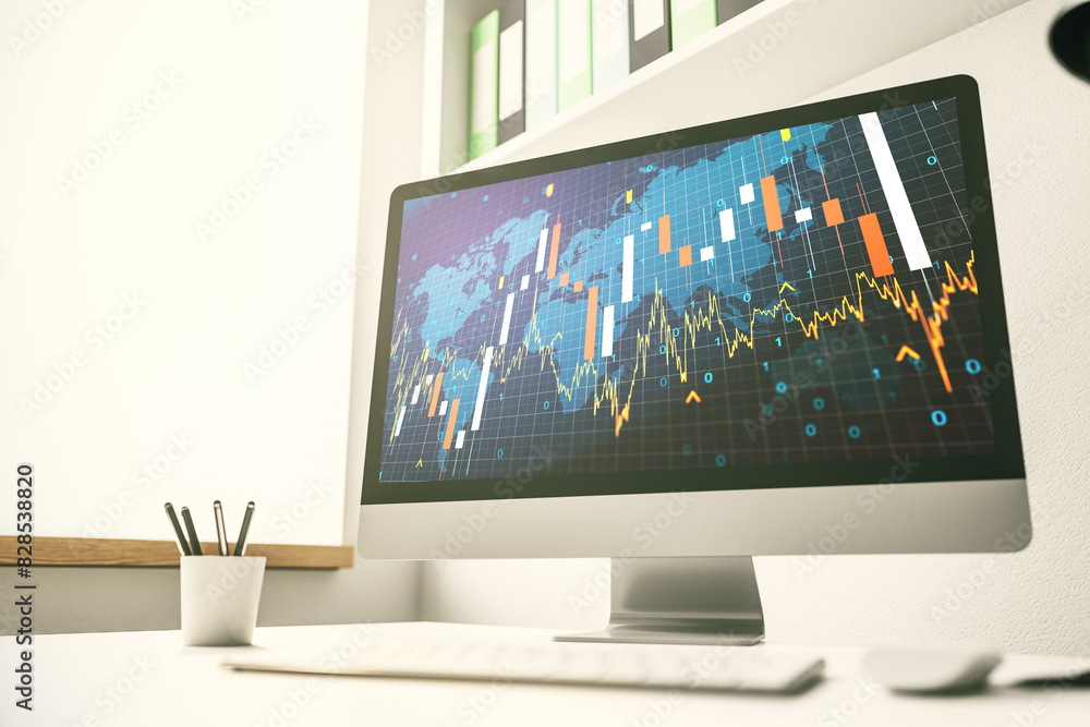 Poster abstract creative financial graph with world map on modern laptop screen, forex and investment conce