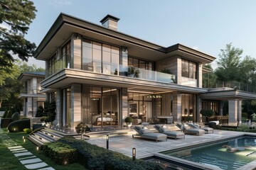 Fototapeta premium Luxurious Mediterranean Villa with Stunning Garden and Poolside Oasis