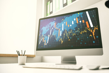 Fototapeta premium Abstract creative financial graph with world map on modern laptop screen, forex and investment concept. 3D Rendering
