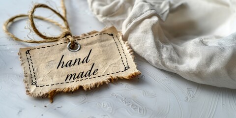 Close-up of a handmade tag on a textured fabric with a rope on a white background. Banner with copy space