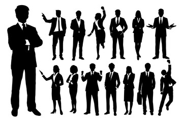Set of vector silhouette of man and woman or group of business people isolated on white background. Corporate businessman and businesswoman silhouette for social media, cv or resume. Success people.