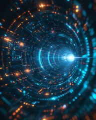 Obraz premium AI cyber core glowing, surrounded by digital code streams, lowangle, futuristic scifi ambiance