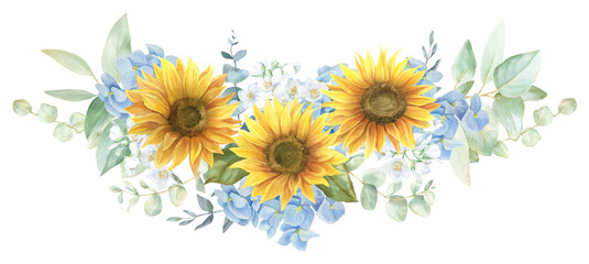 Watercolor sunflower bouquet, sunflower wedding border PNG, green leaves,  yellow and blue colors, blue hydrangea, eucalyptus leaves © WonderWonder