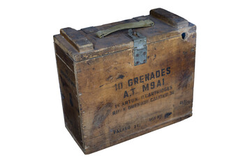 wooden box containing 10 A.T. type grenades. M9A1. Grenade Caliber 30 rifle. On white background