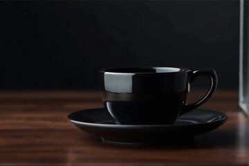 Obraz premium Cup of black coffee on a black background. Copy space.