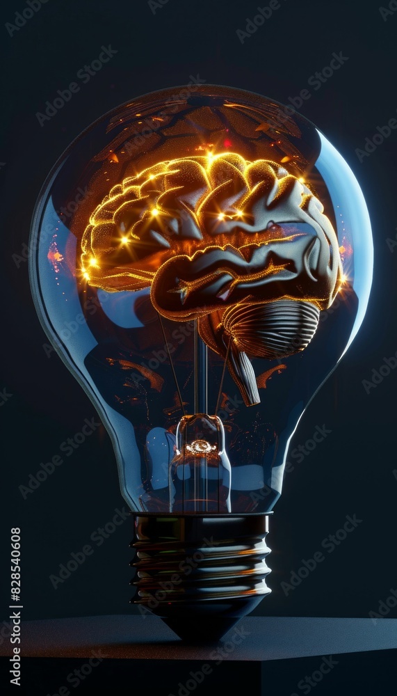 Poster illuminated brain in light bulb. generative ai